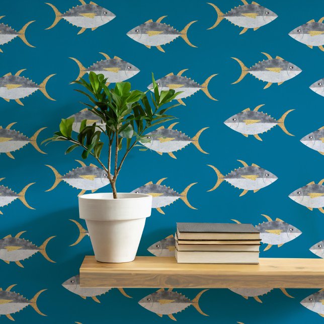 Papier Peint Thon Poisson Nautique Turquoise Art Vert (Fun tuna fish teal green nautical coastal fisherman wallpaper by Nic Squirrell)
