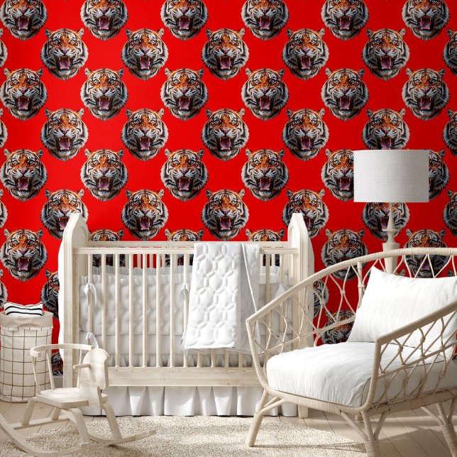 Papier Peint Tiger Head Pattern Design Red (Créateur téléchargé)