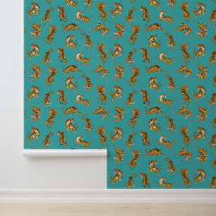 Papier Peint Tiger sur Motif Turquoise
