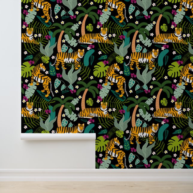 Papier Peint Tigre tropical Forêt botanique Noire Jungle Safari (Application)