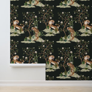Papier Peint Tigre vintage Chinoiserie, pivoines, Arbres noirs