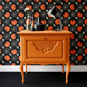 Papier Peint Toile d'araignée crâne citrouille noire Halloween