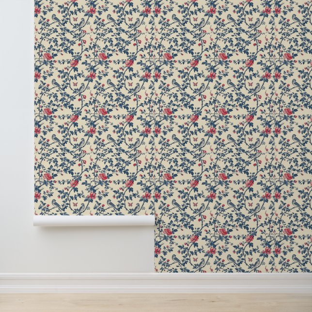 Papier Peint Toile de Jouy bleu et rouge floral et oiseaux (Application)