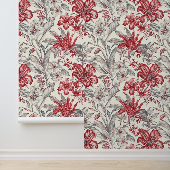Papier Peint Toile de Jouy Flore rouge profond et gris subtil (Application)