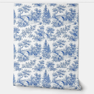 Papier Peint Toile de Jouy vintage bleue paysage forestier