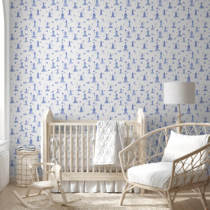 Papier Peint Toile de phare à l'aquarelle bleu de Delft côtier
