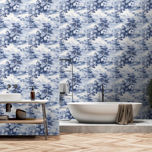 Papier Peint Toile du Jouy Blue Faux French  (Salle de bain)