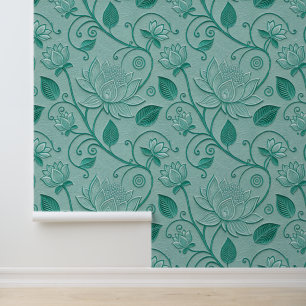 Papier Peint Tons de vert pastel motif lotus effet gaufré