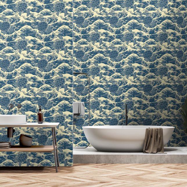 Papier Peint Tortue De Mer Et Motif De Vagues (Salle de bain)