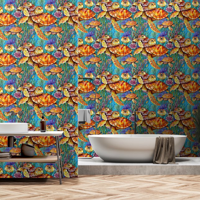 Papier Peint Tortue de mer profonde (Salle de bain)