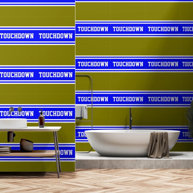 Papier Peint TOUCHDOWN Bleu Blanc Olive Rayures de Course (Salle de bain)