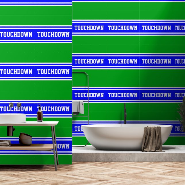 Papier Peint TOUCHDOWN Bleu Blanc Vert Rayures de Course (Salle de bain)