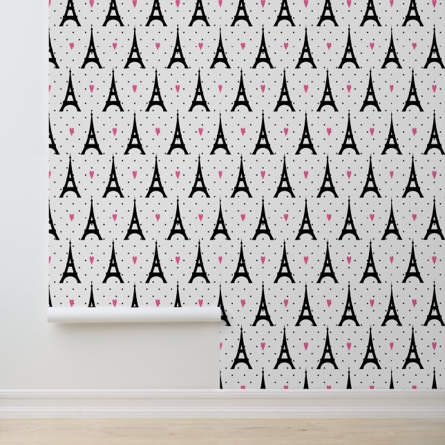 Papier Peint Tour Eiffel Pois & Coeurs Motif (Application)