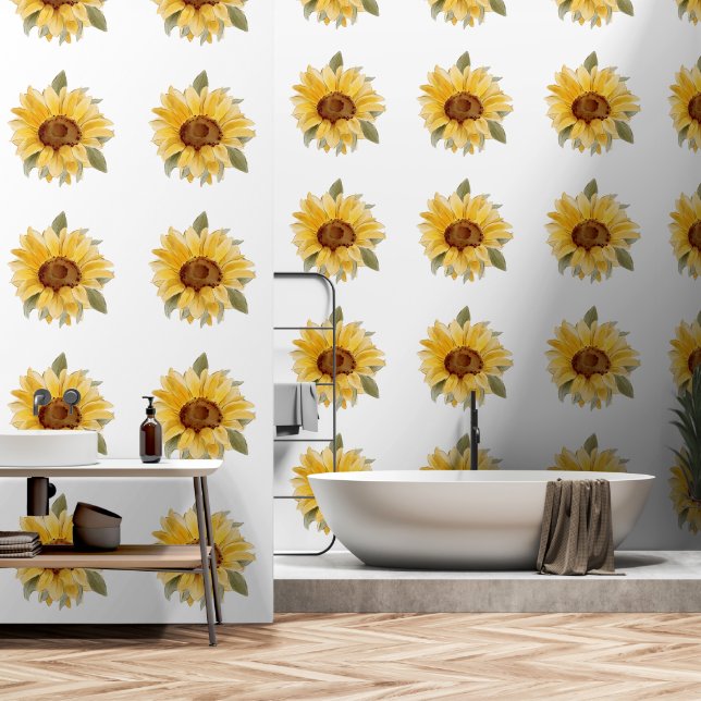 Papier Peint Tournesol Fleur Jaune Vert Art Aquarelle (Salle de bain)