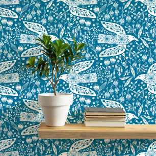 Papier Peint Tourterelles et fleurs blanches sur Turquoise Gree