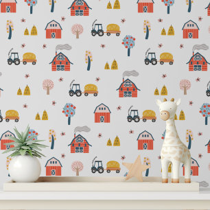 Papier Peint Tracteur de ferme mignon Grange rouge Enfants Pelu