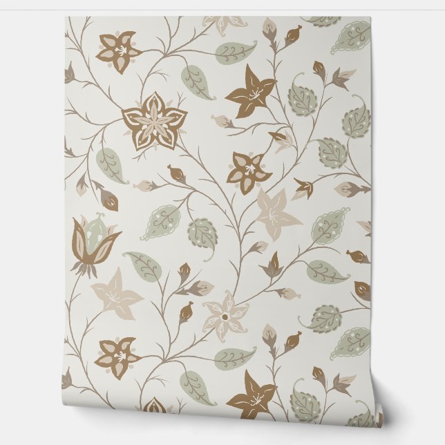 Papier Peint Trailing Floral - Paisley - Beige And Sage Green (Déroulement)