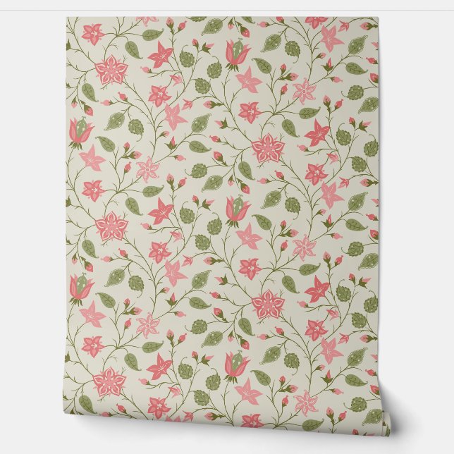 Papier Peint Trailing Floral - Paisley - Coral And Sage Green  (Déroulement)