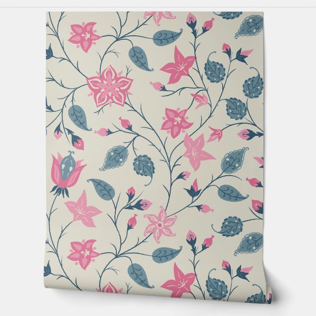 Papier Peint Trailing Floral - Paisley - Soft Pink & Dusty Blue (Déroulement)