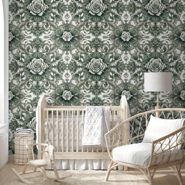 Papier Peint Tranquille fuite de fleurs vertes et blanches (Enfants)