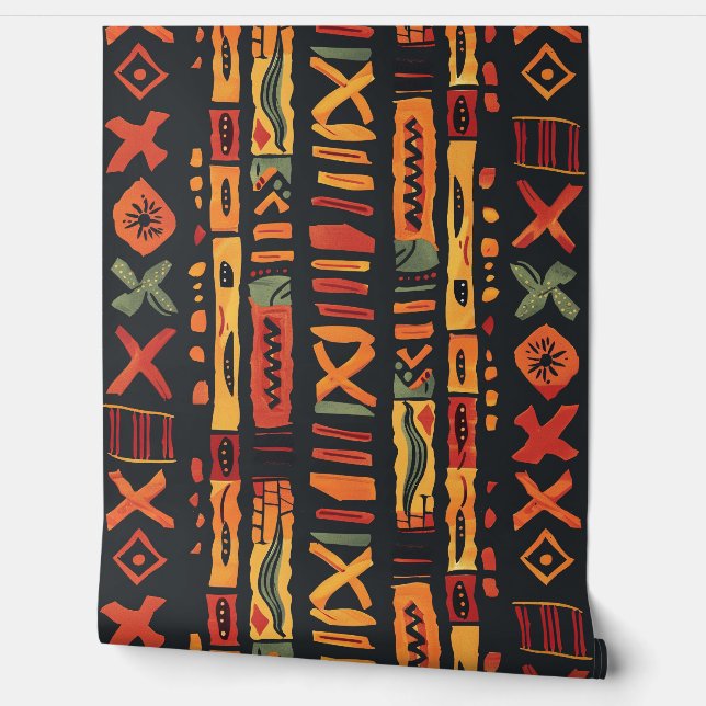 Papier Peint Tribal African Orange Green Black (Déroulement)