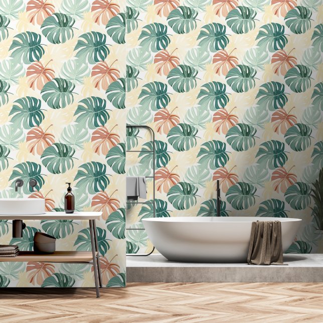 Papier Peint Tropical Feuille Pastel jaune rose vert (Salle de bain)