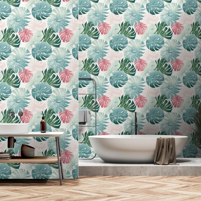 Papier Peint Tropical Feuille Pastel Turquoise Vert rose (Salle de bain)