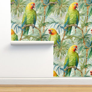 Papier Peint Tropical Parrots Birds Jungle Palm Leaves
