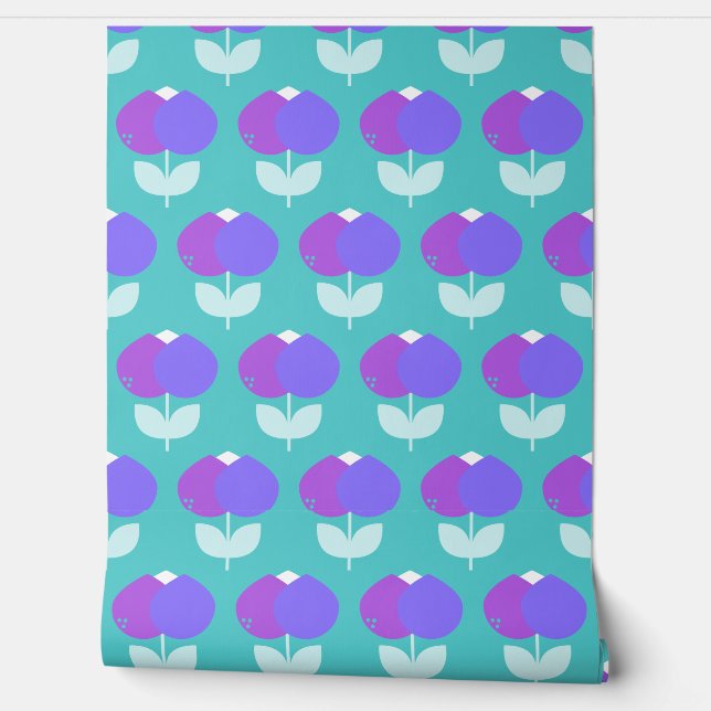 Papier Peint Tulipes géométriques violet et Aqua (Déroulement)
