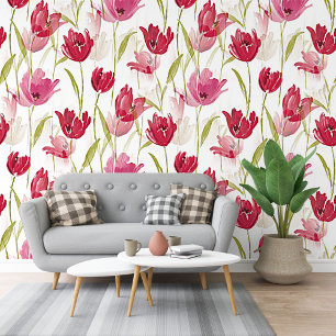 Papier Peint Tulipes Rouges Et Roses Aquarelle Florale Motif