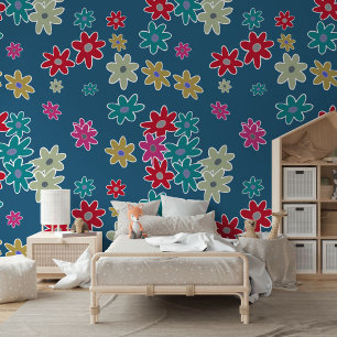Papier Peint Turquoise Bleu Rouge Chaud Rose Beige Fleurs Motif