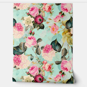 Papier Peint Turquoise Enchanter Vintage Rococo Roses Jardin Wa