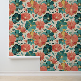 Papier Peint Turquoise et fleur de corail or Accent Floral mode
