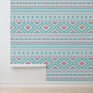 Papier Peint Turquoise et Motif tribal aztèque rose