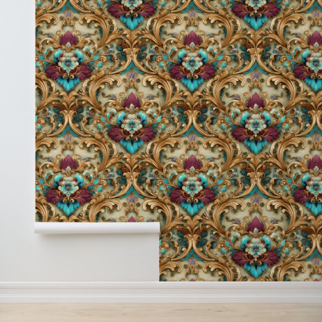 Papier Peint Turquoise et Or Damassé Orné (Application)