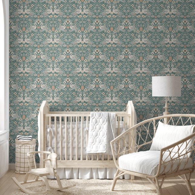 Papier Peint Turquoise Flamant rose bleu Floral Damask (Enfants)