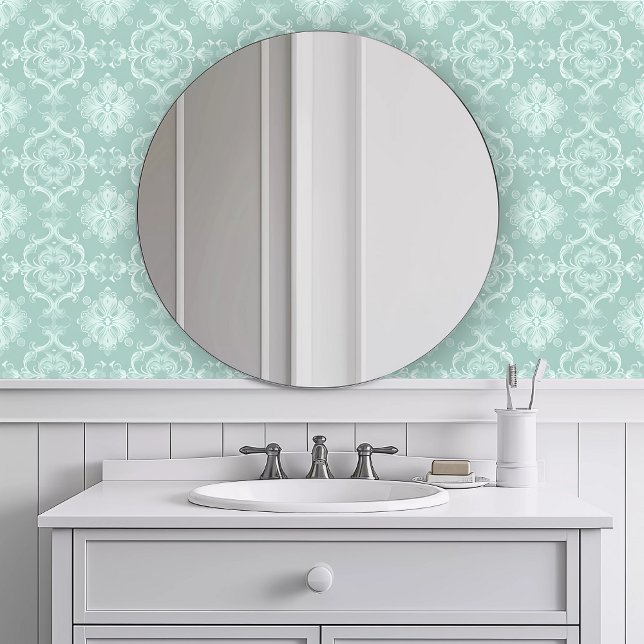 Papier Peint Turquoise monochromatique répétition (Monochromatic Teal Repeating Wallpaper in a white bathroom.)