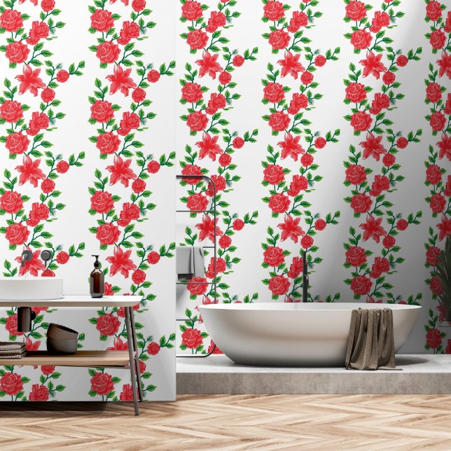 Papier Peint un bouquet de fleurs rouges sur un arrière - plan  (Salle de bain)