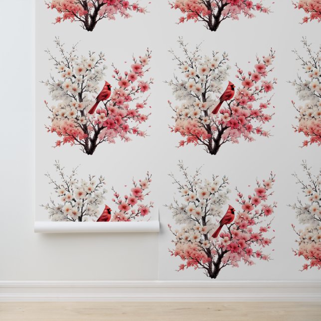 Papier Peint Un cardinal rouge sur les branches des cerisiers e (Application)