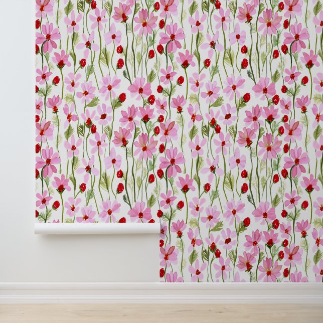 Papier Peint Un Champ Aquarelle De Fleurs Sauvages Roses (Application)