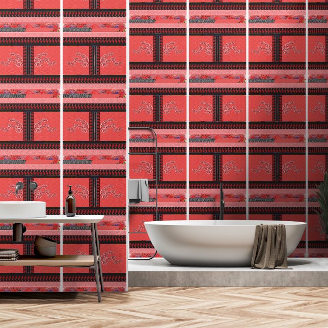 Papier Peint un motif rouge et noir avec des fleurs (Salle de bain)