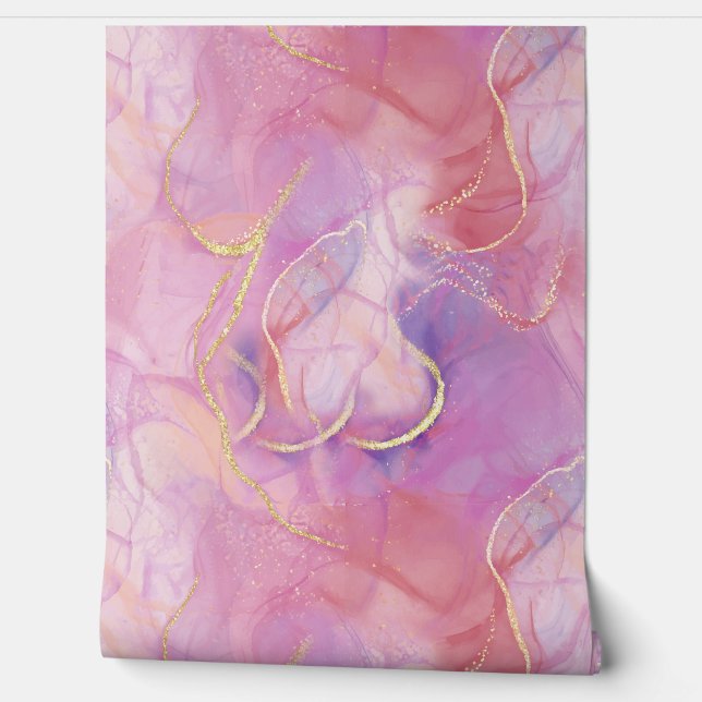 Papier Peint Une finition rose et Marbre blanc avec or brossé (Déroulement)