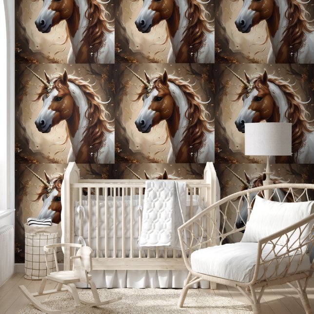 Papier Peint Unicorne Fantastique Marron Et Blanc, (Enfants)