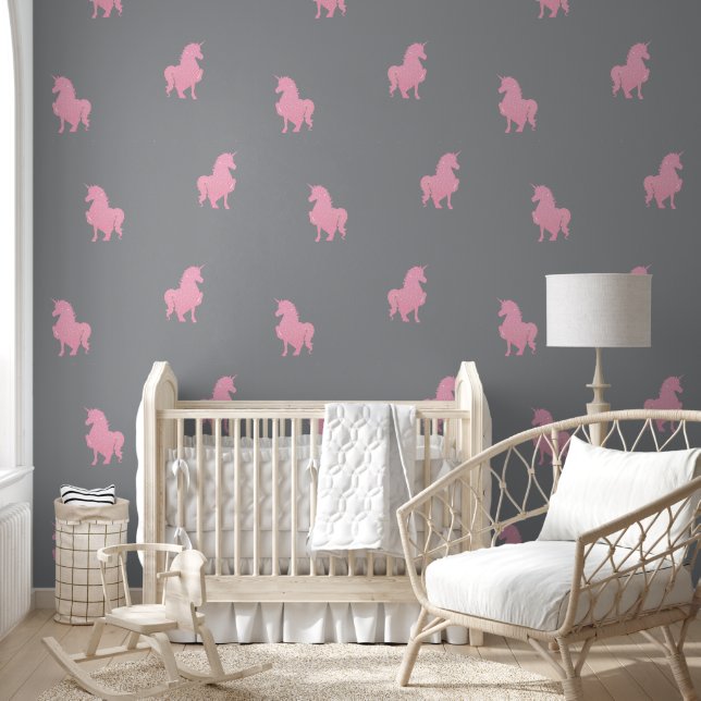 Papier Peint Unicorne rose invisible sur gris (Enfants)