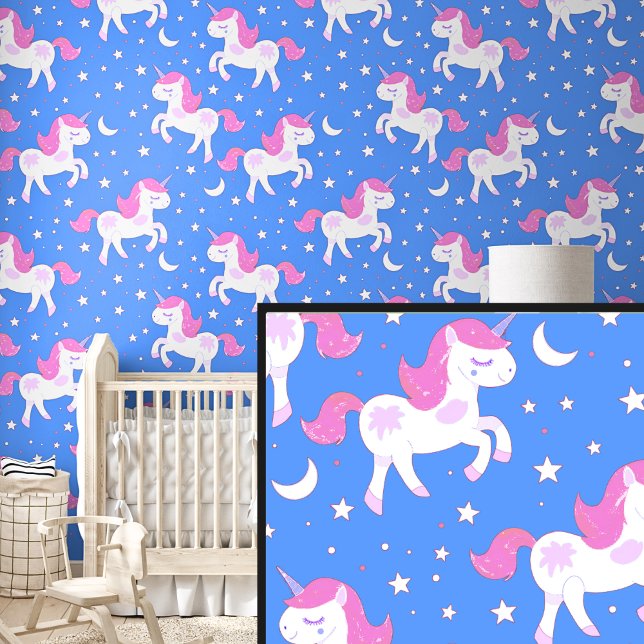 Papier Peint Unicornes blanches roses Étoiles sur bleu (Créateur téléchargé)