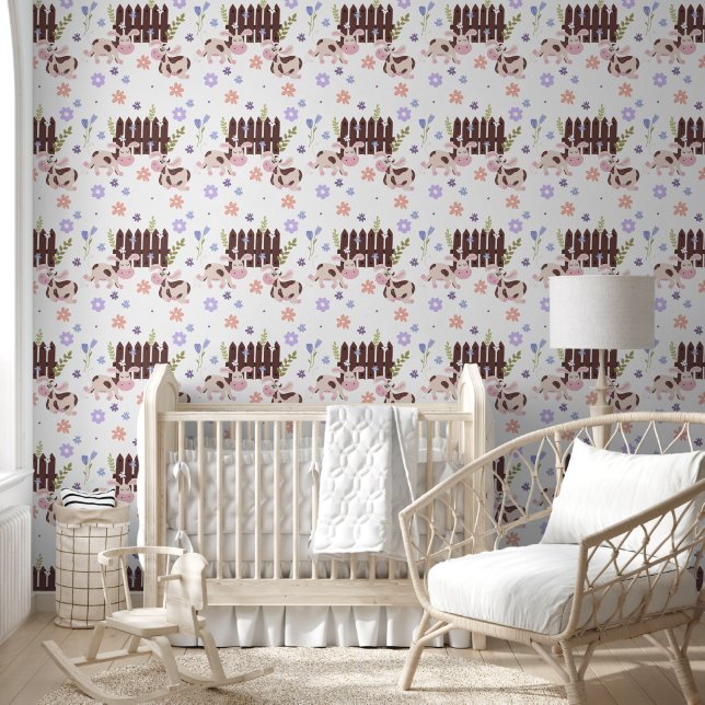 Papier Peint Vache Brown et clôture (Enfants)