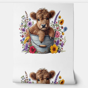 Papier Peint Vache des Highlands dans un seau de fleurs Png, Mi