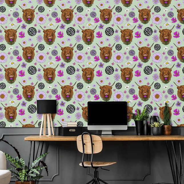 Papier Peint Vache Écossaise des Highlands Thistle Celtique Vio (Créateur téléchargé)