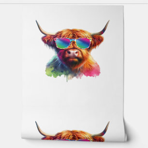 Papier Peint Vache écossaise Highland en lunettes de soleil Eau