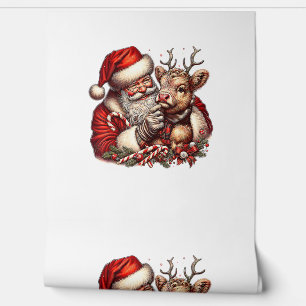 Papier Peint Vache Highland de Noël avec Père Noël Vintage écos